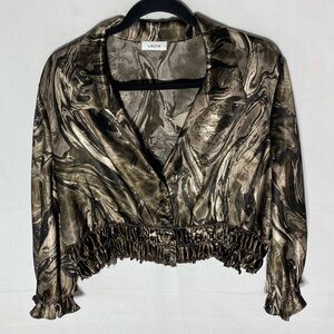 VTG Y2K Laura Brown Tan Swirl Print Deep V Neck Cropped Blouse W Smocked Hem L